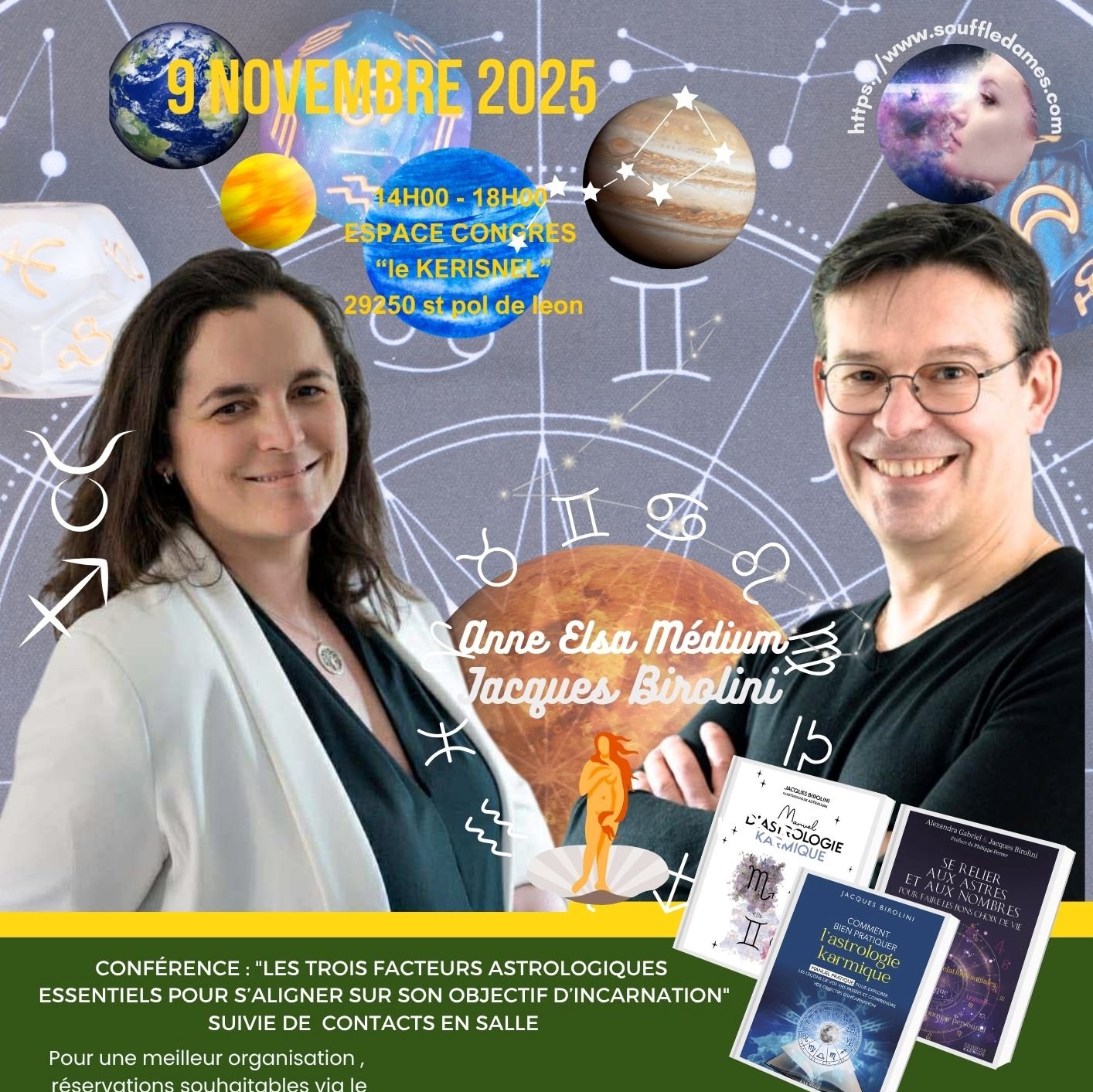 Affiche de la conférence de Anne Elsa Médium et Jacque Birolini le 09 novembre 2025 à Saint-Pol-de-Léon, haut