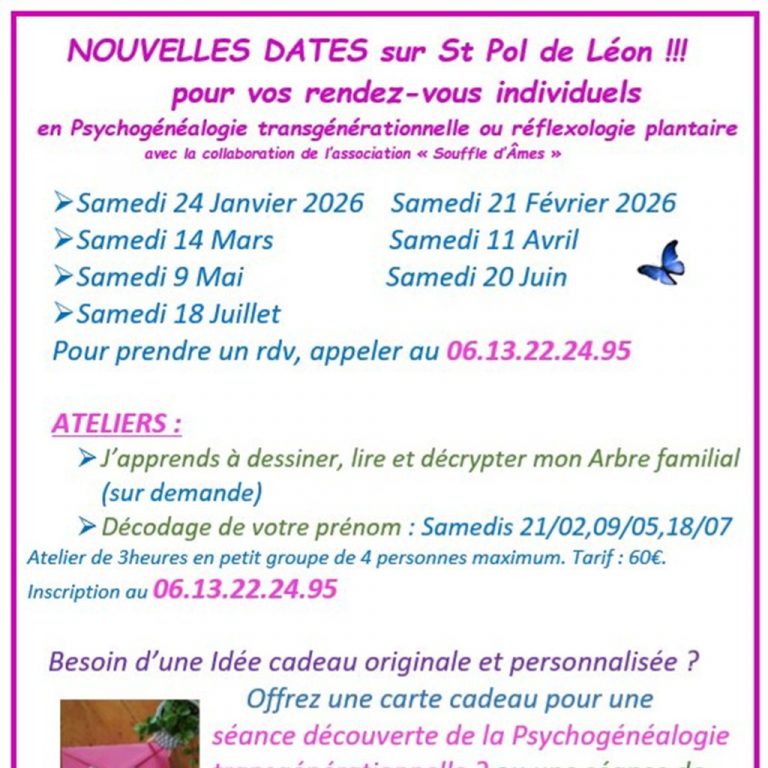 Extrait des dates et présentations des ateliers et consultations de Corinne Brune entre janvier et juillet 2025 à Saint-Pol-de-Léon-haut