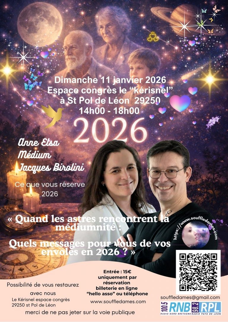 Affiche de la conférence de Anne Elsa Médium et Jacque Birolini le 11 janvier 2026 à Saint-Pol-de-Léon