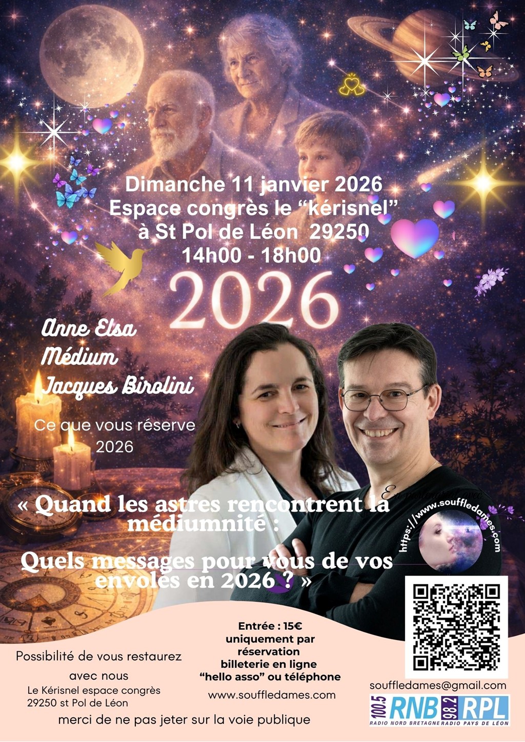 Affiche de la conférence de Anne Elsa Médium et Jacque Birolini le 11 janvier 2026 à Saint-Pol-de-Léon