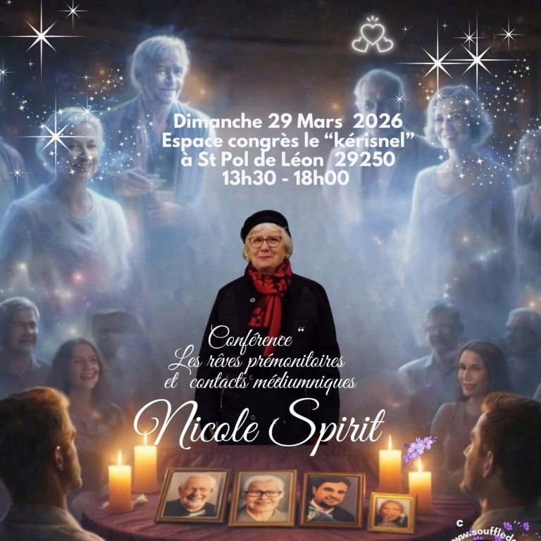 Affiche de la conférence de Nicole médium spirit le 29 mars 2026 à Saint-Pol-de-Léon - haut
