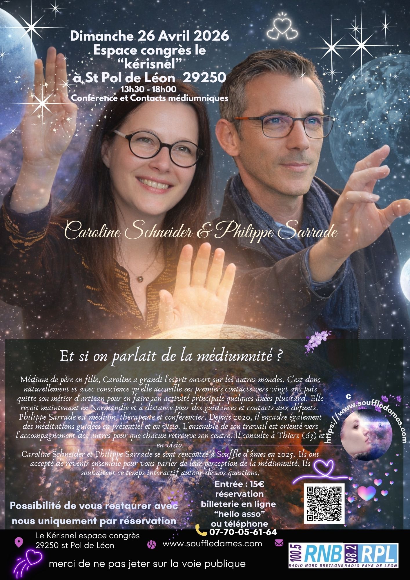 Affiche de la conférence de Caroline Schneider et Philippe Sarrade le 26 avril 2026 à Saint-Pol-de-Léon -